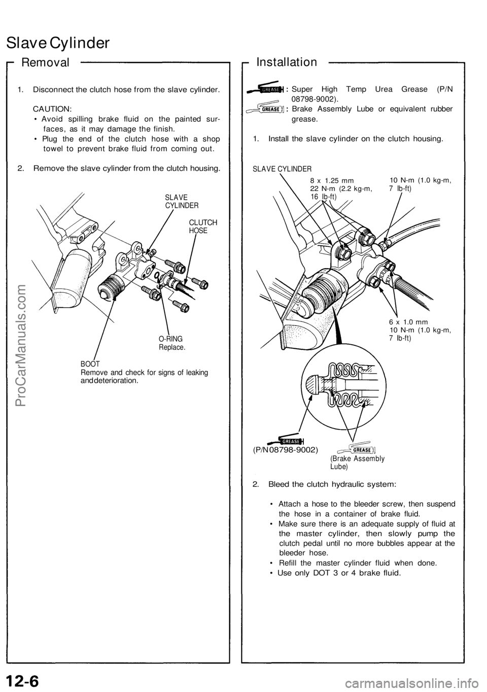 ACURA NSX 1991  Service Repair Manual Slave Cylinde r
Remova l
1. Disconnec t th e clutc h hos e fro m th e slav e cylinder .
CAUTION :
• Avoi d spillin g brak e flui d o n th e painte d sur -
faces , a s i t ma y damag e th e finish .
