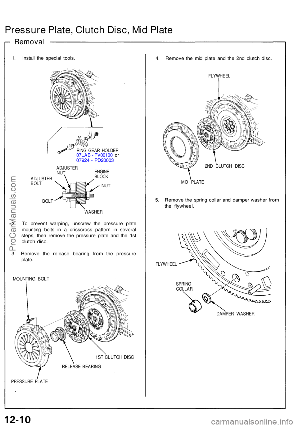 ACURA NSX 1991  Service Repair Manual Pressure Plate , Clutc h Disc , Mi d Plat e
Remova l
1. Instal l th e specia l tools .
RING GEA R HOLDE R07LAB - PV0010 0 o r0792 4 -  PD2000 3
ADJUSTE RNUT
ADJUSTE R
BOL T
BOL T ENGIN
EBLOCK
NUT
WASH