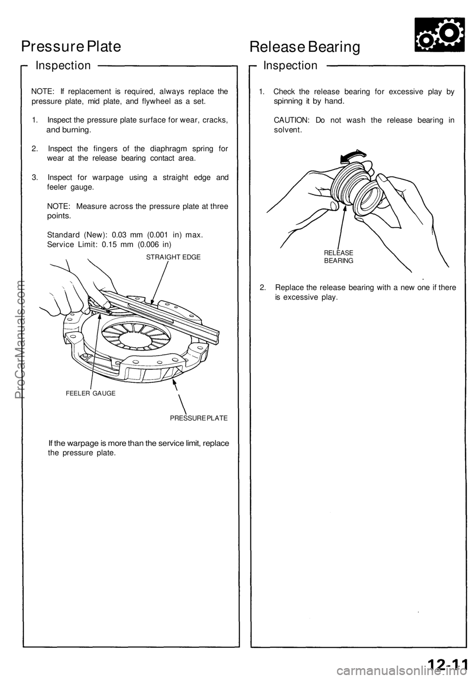 ACURA NSX 1991  Service Repair Manual 
Pressure Plate

Inspection

NOTE: If replacement is required, always replace the

pressure plate, mid plate, and flywheel as a set.

1. Inspect the pressure plate surface for wear, cracks,

and burni