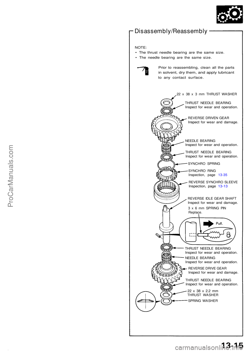 ACURA NSX 1991 Service Repair Manual Disassembly/Reassembly
NOTE:
• Th e thrus t needl e bearin g ar e th e sam e size .
• Th e needl e bearin g ar e th e sam e size .
Prior t o reassembling , clea n al l th e part s
in solvent , dr ACURA NSX 1991 Service Repair Manual Disassembly/Reassembly
NOTE:
• Th e thrus t needl e bearin g ar e th e sam e size .
• Th e needl e bearin g ar e th e sam e size .
Prior t o reassembling , clea n al l th e part s
in solvent , dr