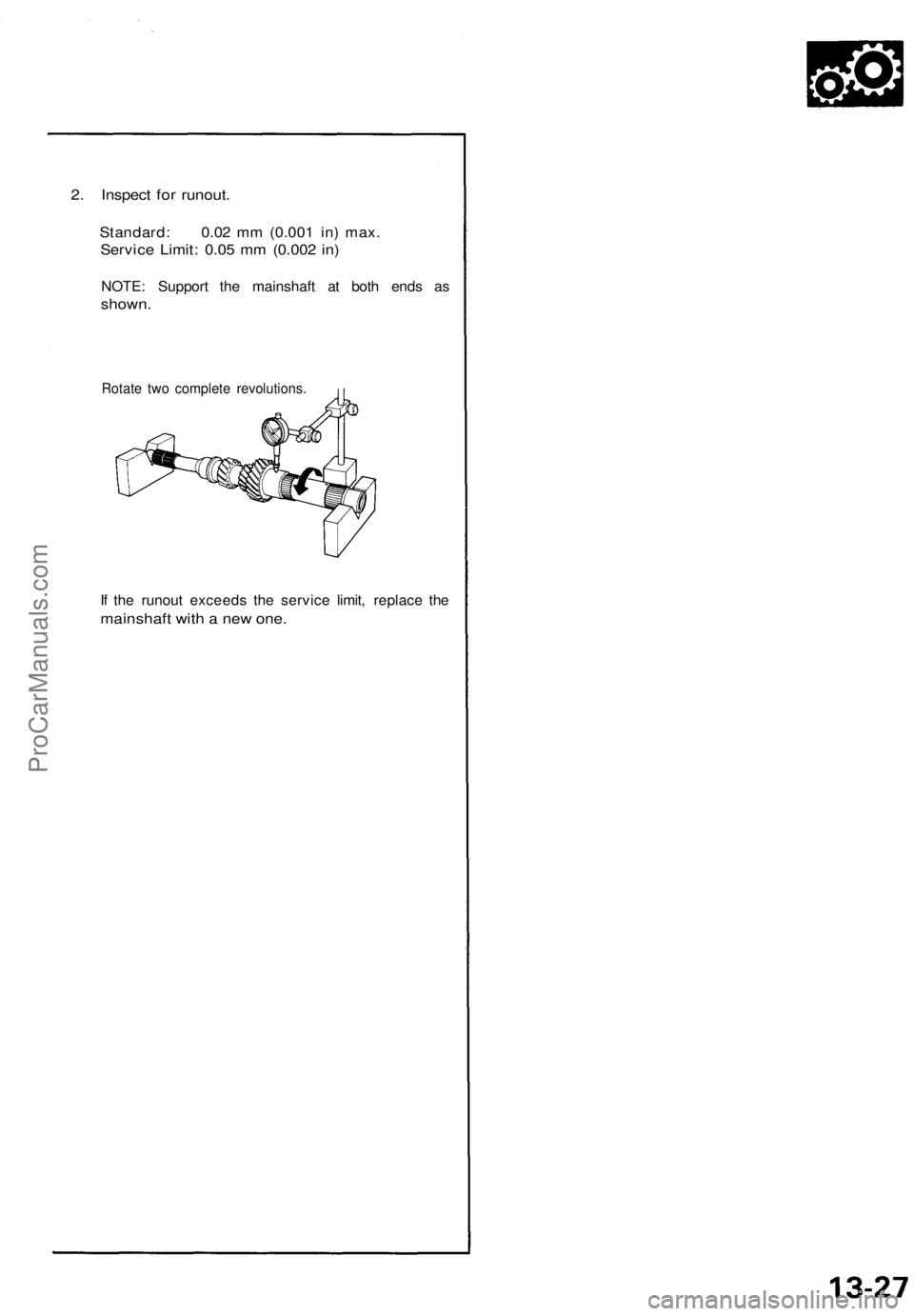 ACURA NSX 1991  Service Repair Manual 
2. Inspect for runout.

Standard: 0.02 mm (0.001 in) max.

Service Limit: 0.05 mm (0.002 in)

NOTE: Support the mainshaft at both ends as

shown.

Rotate two complete revolutions.

If the runout exce