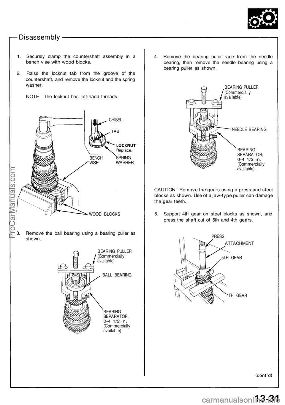 ACURA NSX 1991  Service Repair Manual 
Disassembly

1. Securely clamp the countershaft assembly in a

bench vise with wood blocks.

2. Raise the locknut tab from the groove of the

countershaft, and remove the locknut and the spring

wash