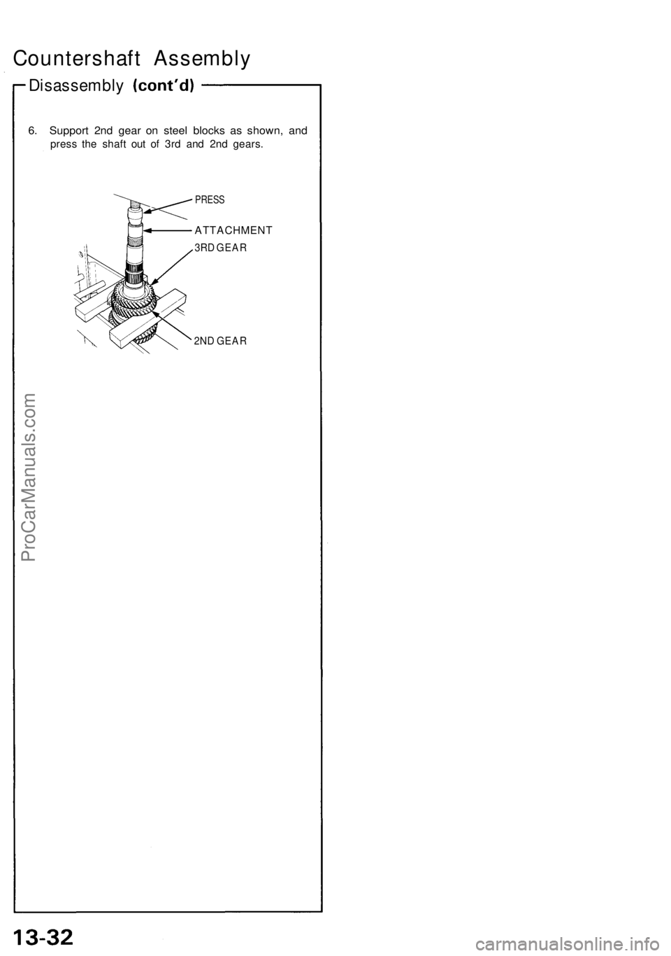 ACURA NSX 1991  Service Repair Manual Countershaft Assembl y
Disassembl y
6. Suppor t 2n d gea r o n stee l block s a s shown , an d
pres s th e shaf t ou t o f 3r d an d 2n d gears .
PRESS
ATTACHMEN T
3RD GEA R
2N D GEA R
ProCarManuals.c
