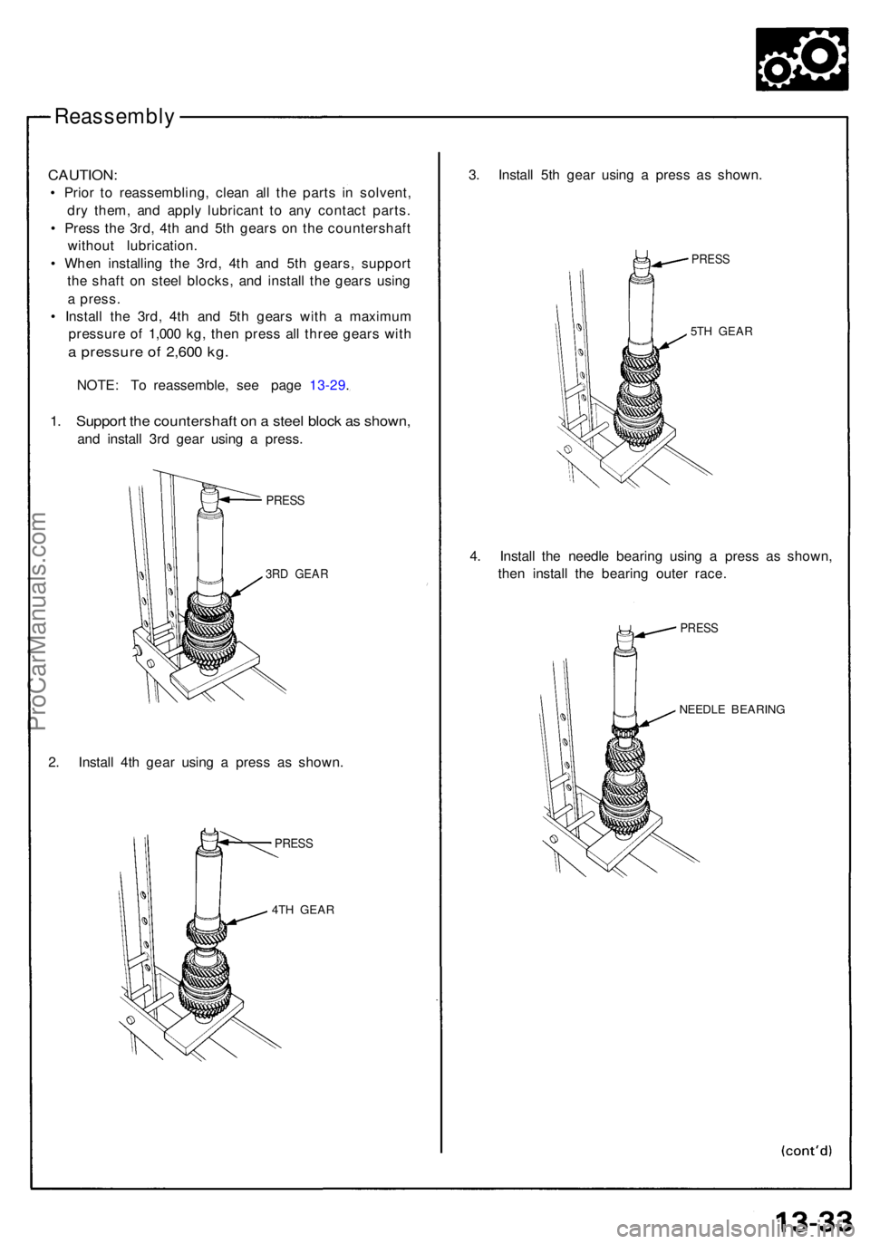 ACURA NSX 1991  Service Repair Manual Reassembly
CAUTION:
• Prio r t o reassembling , clea n al l th e part s i n solvent ,
dr y them , an d appl y lubrican t t o an y contac t parts .
•  Pres s th e 3rd , 4t h an d 5t h gears  on th 