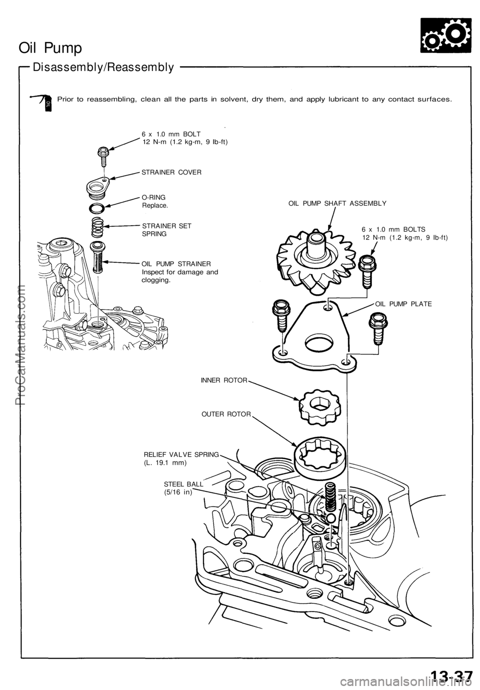 ACURA NSX 1991  Service Repair Manual 
Oil Pump

Disassembly/Reassembly

Prior to reassembling, clean all the parts in solvent, dry them, and apply lubricant to any contact surfaces.

6 x 1.0 mm BOLT

12 N-m (1.2 kg-m, 9 Ib-ft)

STRAINER 