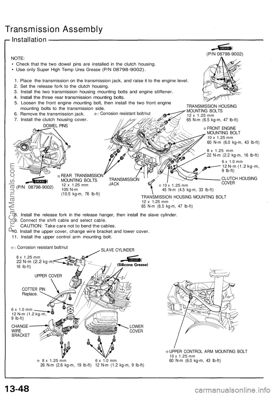ACURA NSX 1991  Service Repair Manual Transmission Assembl y
Installatio n
NOTE:
•  Chec k tha t th e tw o dowe l pin s ar e installe d i n th e clutc h housing .
• Us e onl y Supe r Hig h Tem p Urea Greas e (P/N 08798-9002) .
1. Plac