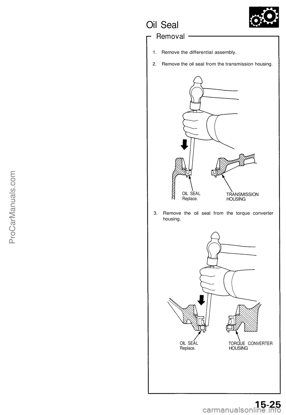 ACURA NSX 1991  Service Repair Manual 
Oil Seal

Removal

1. Remove the differential assembly.

2. Remove the oil seal from the transmission housing.

OIL SEAL

Replace. 
TRANSMISSION

HOUSING

3. Remove the oil seal from the torque conve