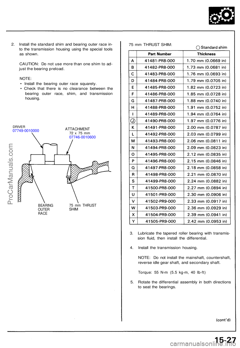 ACURA NSX 1991  Service Repair Manual 2. Instal l th e standar d shi m an d bearin g oute r rac e in -
t o  th e transmissio n housin g usin g th e specia l tool s
a s shown .
CAUTION : D o no t us e mor e tha n on e shi m to  ad -
jus t 