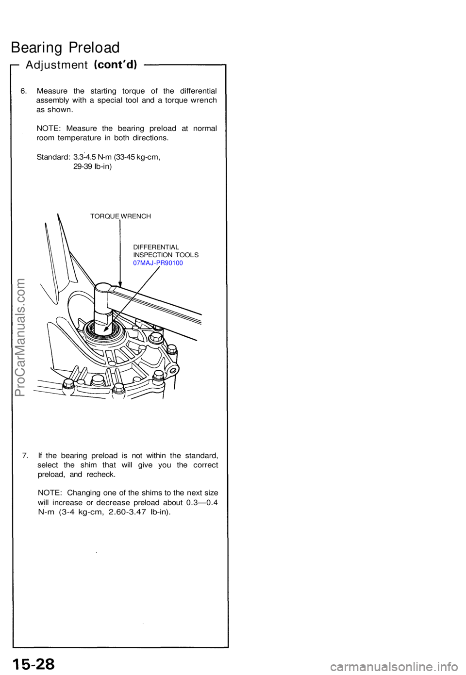 ACURA NSX 1991  Service Repair Manual Bearing Preloa d
Adjustmen t
6. Measur e th e startin g torqu e o f th e differentia l
assembl y wit h a  specia l too l an d a  torqu e wrenc h
a s shown .
NOTE : Measur e th e bearin g preloa d a t 