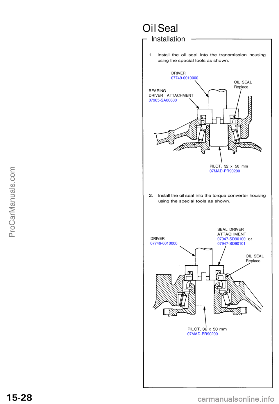 ACURA NSX 1991  Service Repair Manual Oil Sea l
Installatio n
1. Instal l th e oi l sea l int o th e transmissio n housin g
usin g th e specia l tool s a s shown .
DRIVER07749-0010000
BEARIN G
DRIVE R ATTACHMEN T
07965-SA00600 OI
L SEA L
