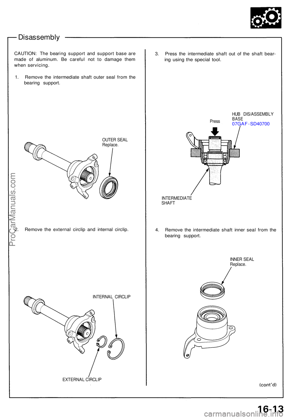 ACURA NSX 1991  Service Repair Manual Disassembly
CAUTION: Th e bearin g suppor t an d suppor t bas e ar e
mad e o f aluminum . B e carefu l no t t o damag e the m
whe n servicing .
1 . Remov e th e intermediat e shaf t oute r sea l fro m