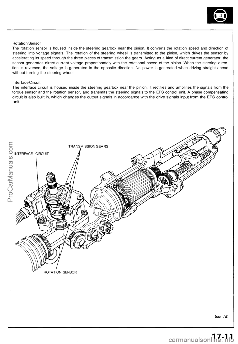 ACURA NSX 1991  Service Repair Manual 
Rotation Sensor

The rotation sensor is housed inside the steering gearbox near the pinion. It converts the rotation speed and direction of

steering into voltage signals. The rotation of the steerin