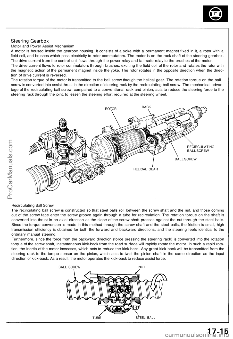 ACURA NSX 1991  Service Repair Manual Steering Gearbo x
Motor an d Powe r Assis t Mechanis m
A  moto r i s house d insid e th e gearbo x housing . I t consist s o f a  yok e wit h a  permanen t magne t fixe d i n it , a  roto r wit h a
fi