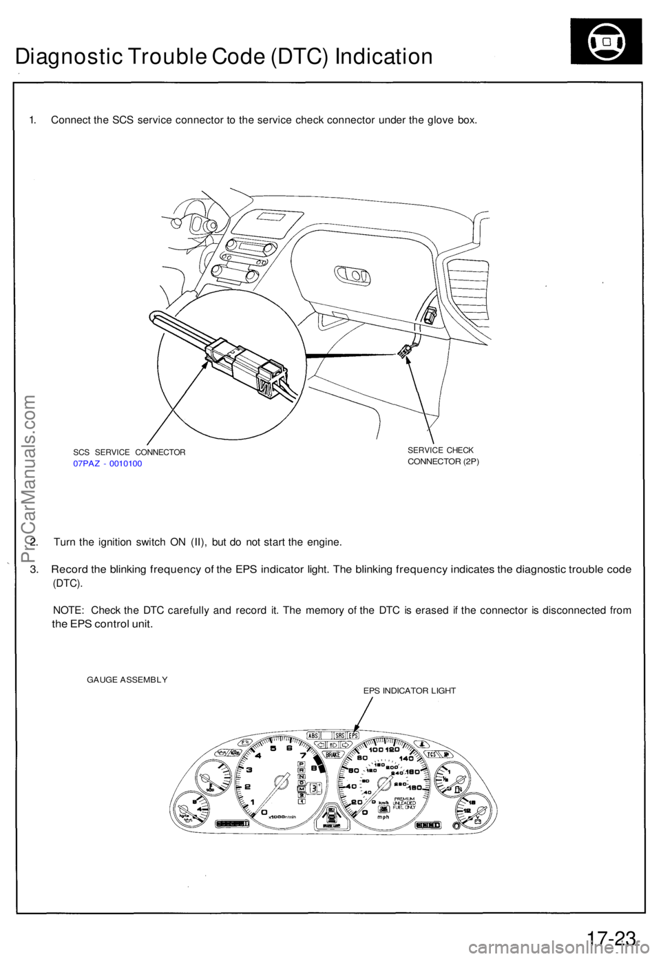 ACURA NSX 1991  Service Repair Manual Diagnostic Troubl e Cod e (DTC ) Indicatio n
1. Connec t th e SC S servic e connecto r t o th e servic e chec k connecto r unde r th e glov e box .
SCS SERVIC E CONNECTO R07PAZ -  001010 0
SERVIC E CH