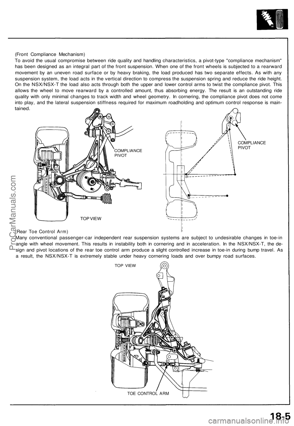 ACURA NSX 1991  Service Repair Manual 
(Front Compliance Mechanism)

To avoid the usual compromise between ride quality and handling characteristics, a pivot-type "compliance mechanism"

has been designed as an integral part of th