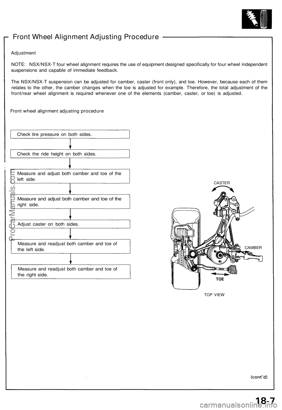 ACURA NSX 1991  Service Repair Manual 
Front Wheel Alignment Adjusting Procedure

Adjustment

NOTE: NSX/NSX-T four wheel alignment requires the use of equipment designed specifically for four wheel independent

suspensions and capable of 