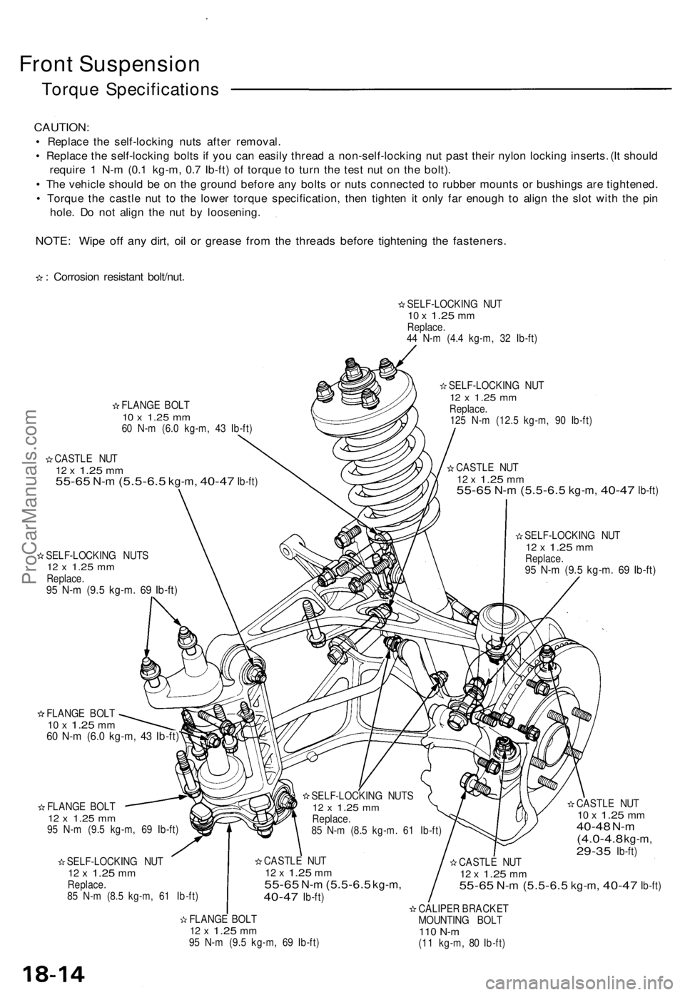 ACURA NSX 1991  Service Repair Manual 
Front Suspension

Torque Specifications

CAUTION:

• Replace the self-locking nuts after removal.

• Replace the self-locking bolts if you can easily thread a non-self-locking nut past their nylo