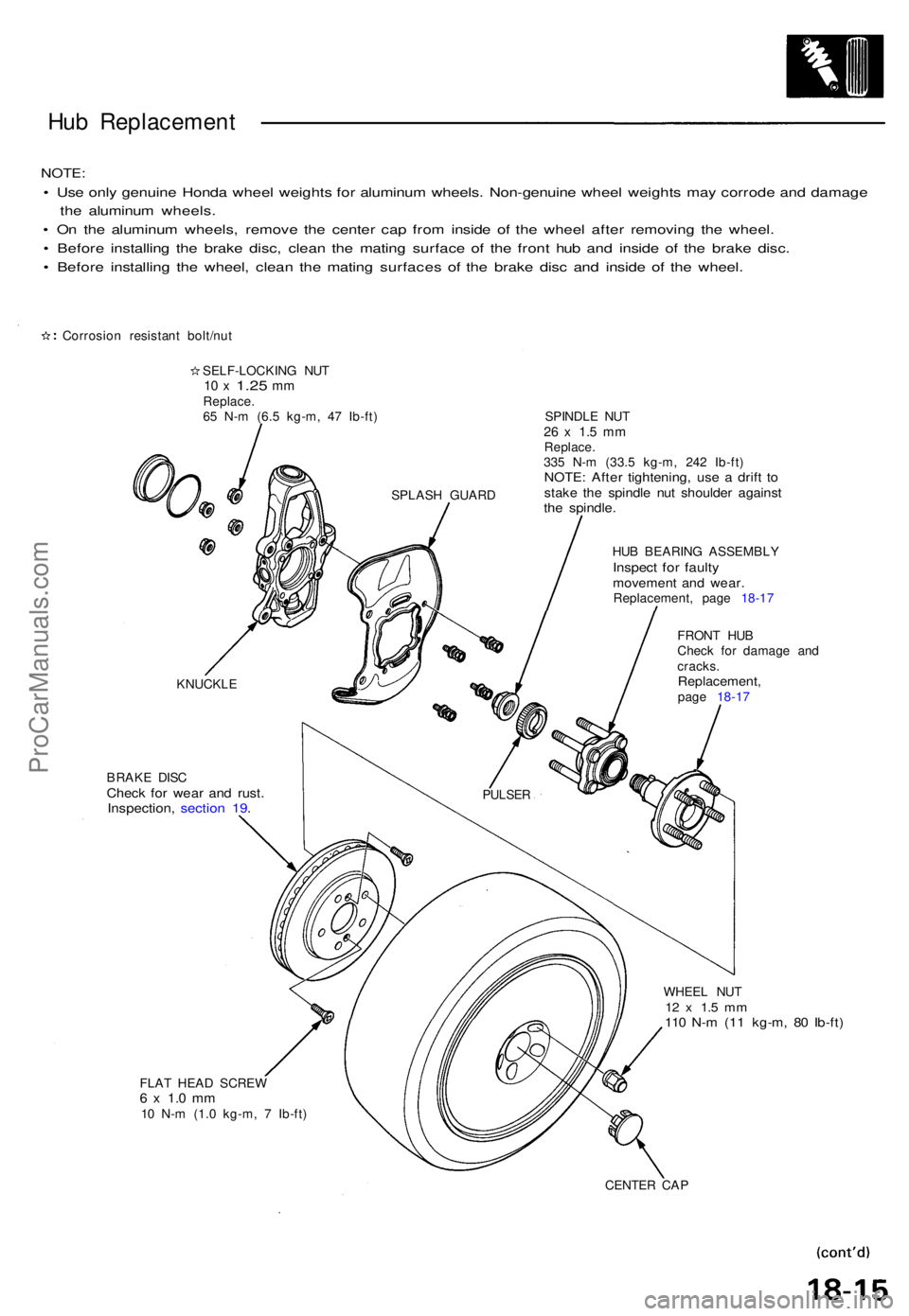 ACURA NSX 1991  Service Repair Manual Hub Replacemen t
NOTE:
• Us e onl y genuin e Hond a whee l weight s fo r aluminu m wheels . Non-genuin e whee l weight s ma y corrod e an d damag e
th e aluminu m wheels .
•  O n th e aluminu m wh