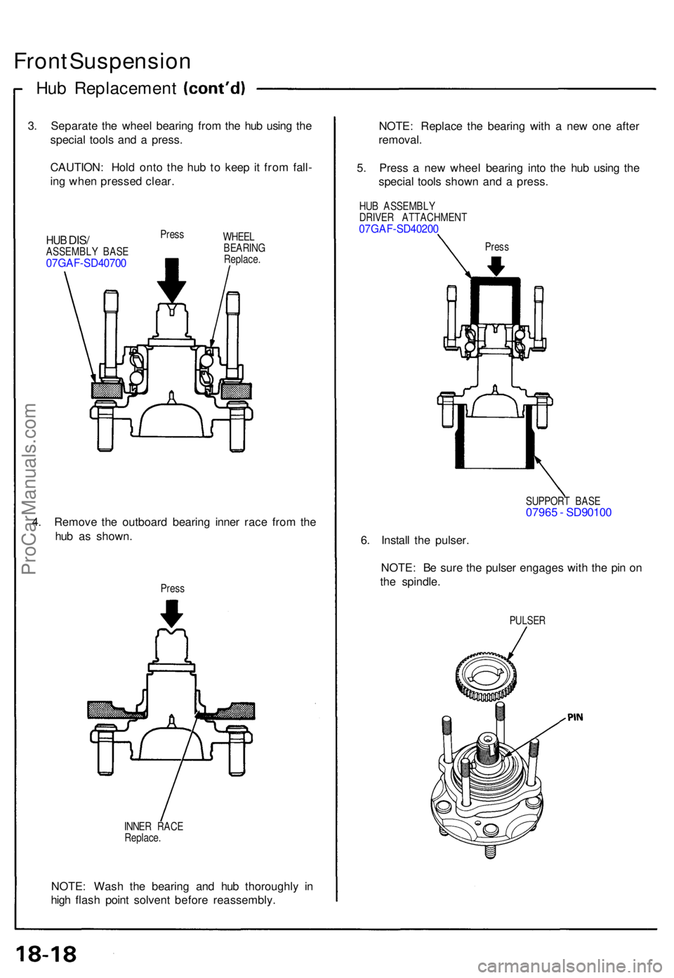 ACURA NSX 1991  Service Repair Manual Front Suspensio n
Hub Replacemen t
3. Separat e th e whee l bearin g fro m th e hu b usin g th e
specia l tool s an d a  press .
CAUTION : Hol d ont o th e hu b t o kee p it fro m fall -
in g whe n pr