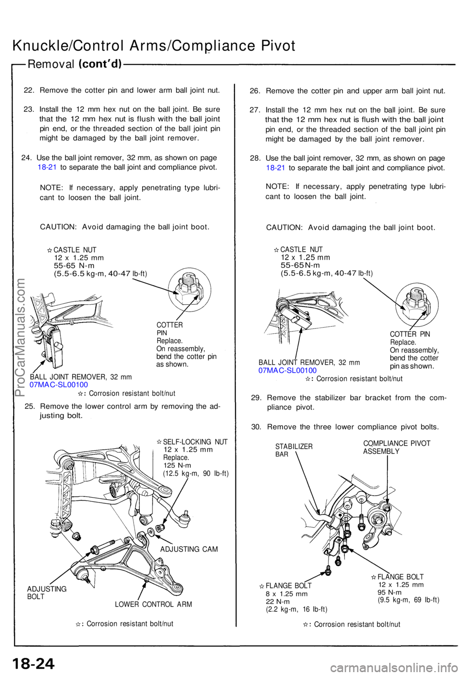 ACURA NSX 1991  Service Repair Manual Knuckle/Control Arms/Complianc e Pivo t
Remova l
22. Remov e th e cotte r pi n an d lowe r ar m bal l join t nut .
23 . Instal l th e 1 2 m m he x nu t o n th e bal l joint . B e sur e
that th e 1 2 m