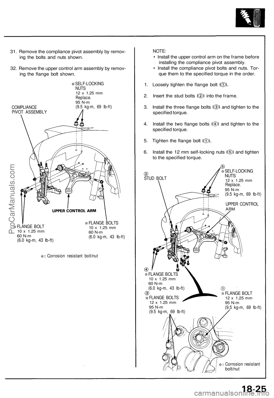 ACURA NSX 1991  Service Repair Manual 
31. Remove the compliance pivot assembly by remov-

ing the bolts and nuts shown.

32. Remove the upper control arm assembly by remov-

ing the flange bolt shown.

SELF-LOCKING

NUTS

12 x
 1.25
 mm
