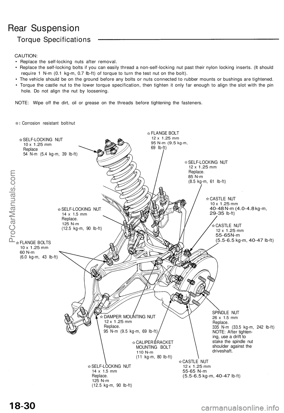 ACURA NSX 1991  Service Repair Manual 
Rear Suspension

Torque Specifications

CAUTION:

• Replace the self-locking nuts after removal.

• Replace the self-locking bolts if you can easily thread a non-self-locking nut past their nylon