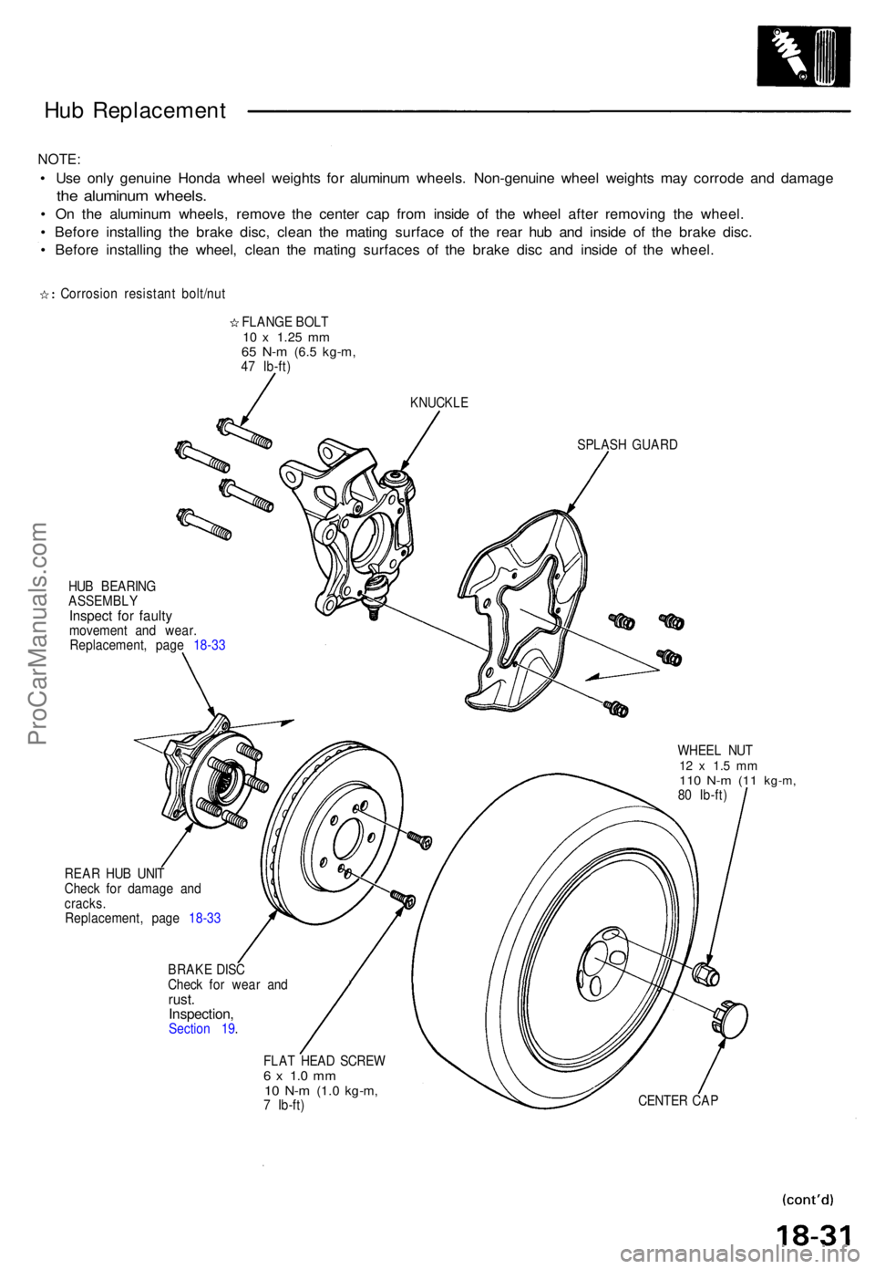 ACURA NSX 1991  Service Repair Manual Hub Replacemen t
NOTE:
• Us e onl y genuin e Hond a whee l weight s fo r aluminu m wheels . Non-genuin e whee l weight s ma y corrod e an d damag e
the aluminu m wheels .
• O n th e aluminu m whee