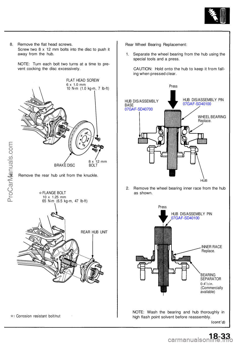 ACURA NSX 1991  Service Repair Manual 8. Remov e th e fla t hea d screws .
Screw tw o 8 x  12 m m bolt s int o th e dis c t o pus h i t
awa y fro m th e hub .
NOTE : Tur n eac h bol t tw o turn s a t a  tim e t o pre -
ven t cockin g th e