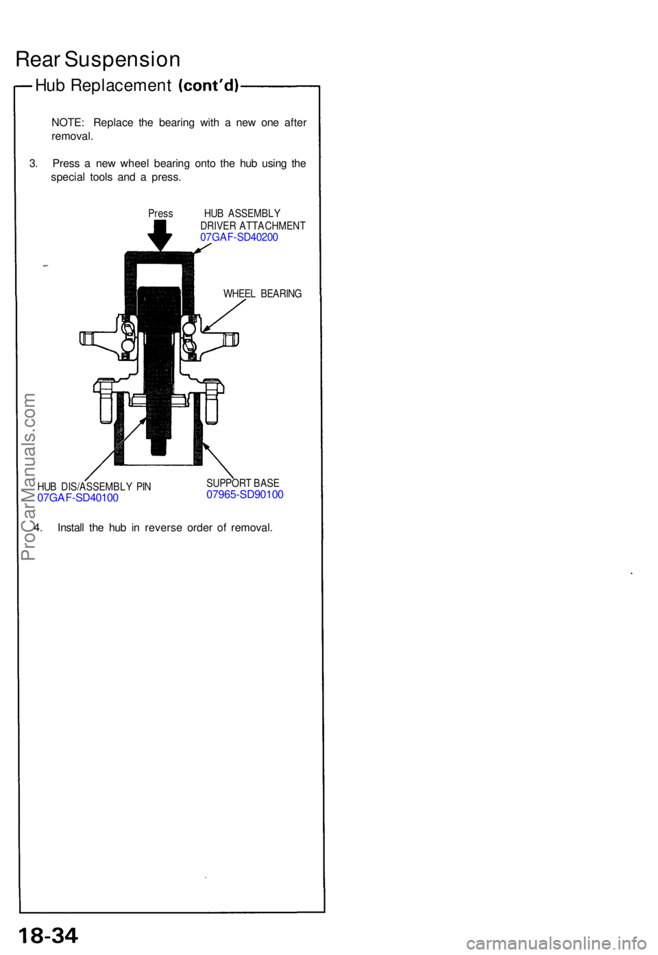 ACURA NSX 1991  Service Repair Manual Rear Suspensio n
Hub Replacemen t
NOTE: Replac e th e bearin g wit h a  ne w on e afte r
removal .
3 . Pres s a  ne w whee l bearin g ont o th e hu b usin g th e
specia l tool s an d a  press .
Press 