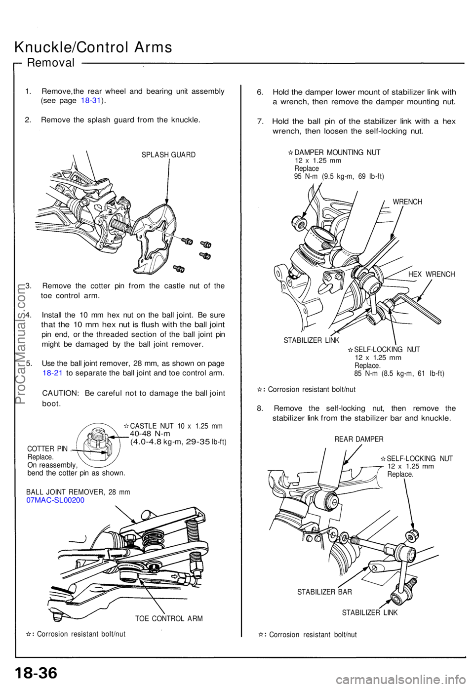ACURA NSX 1991  Service Repair Manual Knuckle/Control Arm s
Remova l
1. Remove , th e rea r whee l an d bearin g uni t assembl y
(se e pag e 18-31 ).
2 . Remov e th e splas h guar d fro m th e knuckle .
SPLASH GUAR D
3. Remov e th e cotte