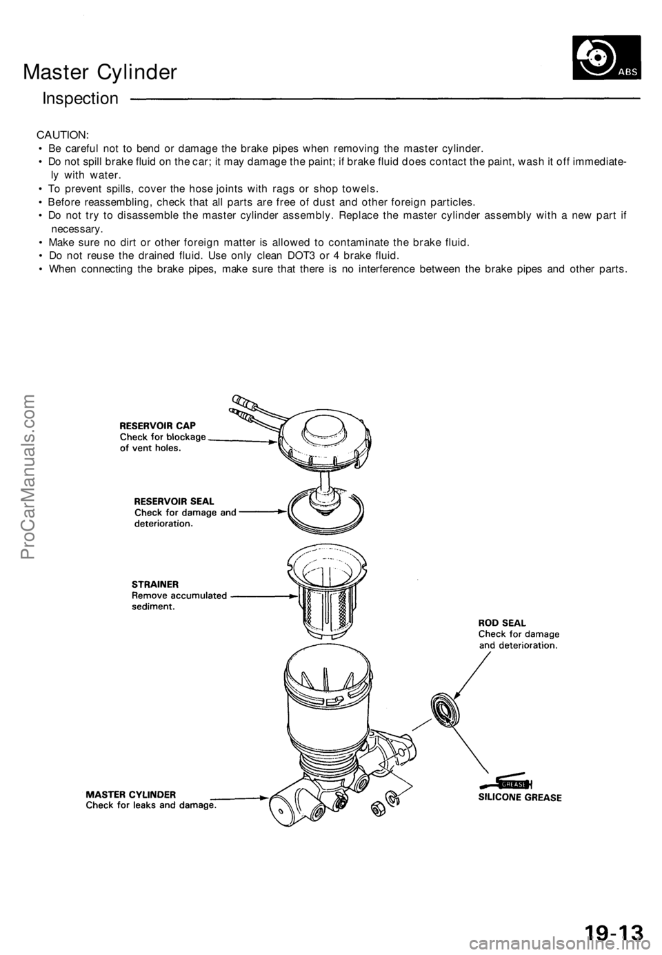 ACURA NSX 1991  Service Repair Manual 
Master Cylinder

Inspection

CAUTION:

• Be careful not to bend or damage the brake pipes when removing the master cylinder.

• Do not spill brake fluid on the car; it may damage the paint; if br