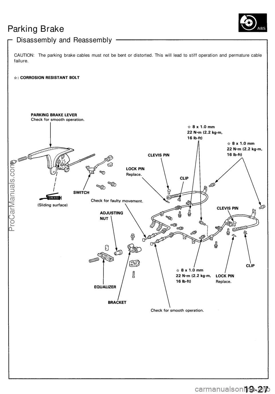 ACURA NSX 1991  Service Repair Manual Parking Brak e
Disassembl y an d Reassembl y
CAUTION: Th e parkin g brak e cable s mus t no t b e ben t o r distorted . Thi s wil l lea d t o stif f operatio n an d permatur e cabl e
failure .
ProCarM