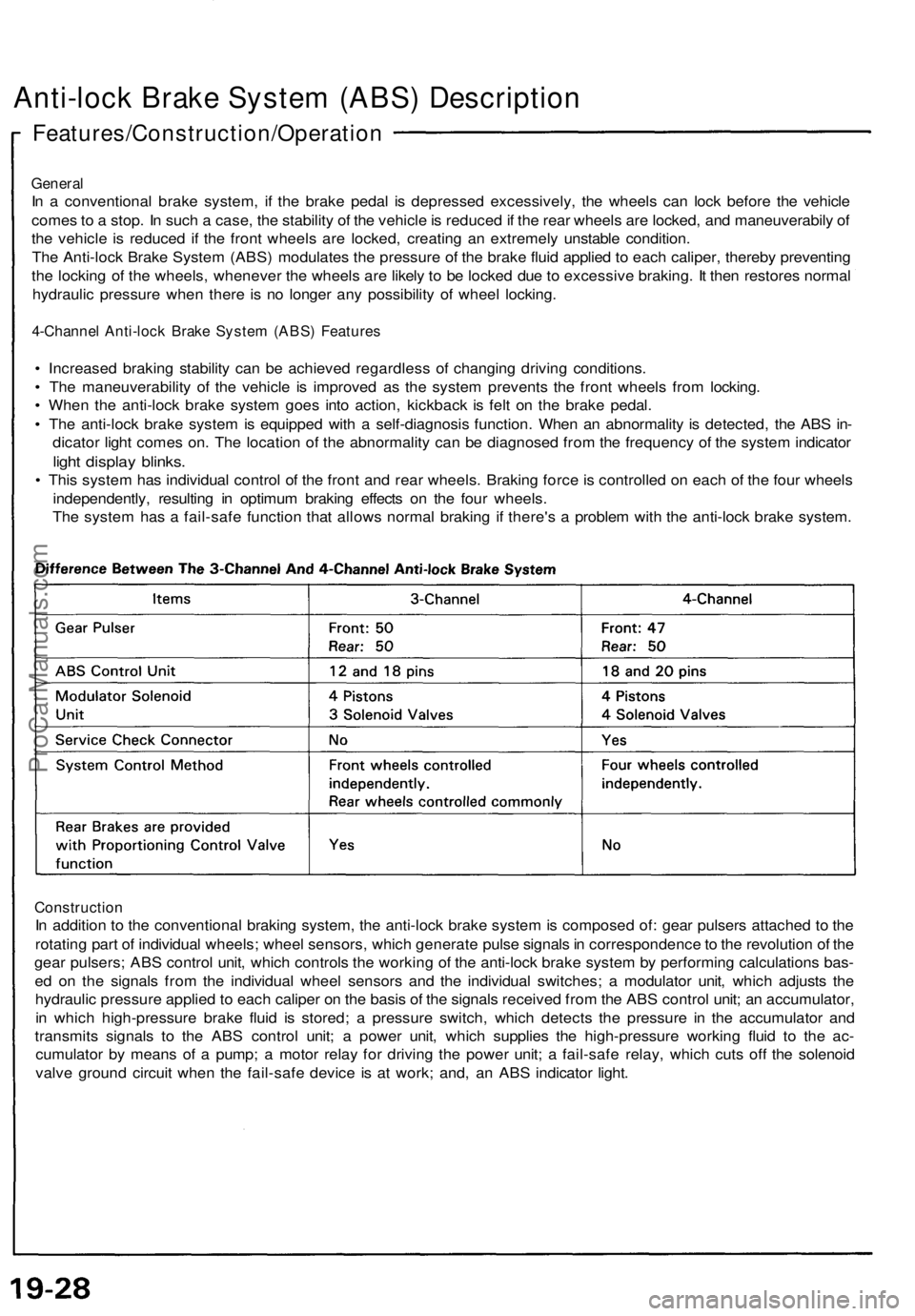 ACURA NSX 1991  Service Repair Manual 
Anti-lock Brake System (ABS) Description

Features/Construction/Operation

General

In a conventional brake system, if the brake pedal is depressed excessively, the wheels can lock before the vehicle