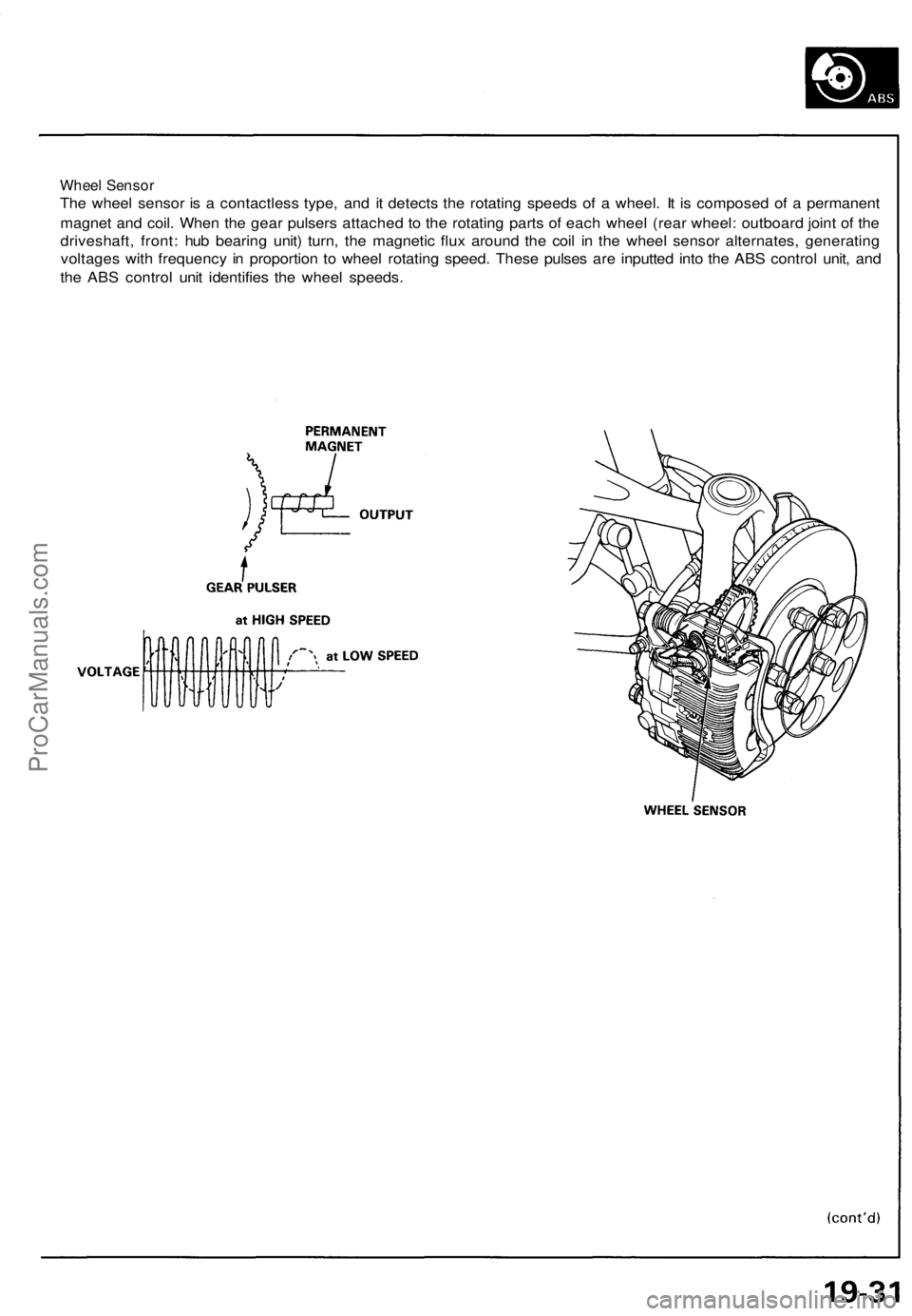 ACURA NSX 1991  Service Repair Manual 
Wheel Sensor

The wheel sensor is a contactless type, and it detects the rotating speeds of a wheel. It is composed of a permanent

magnet and coil. When the gear pulsers attached to the rotating par