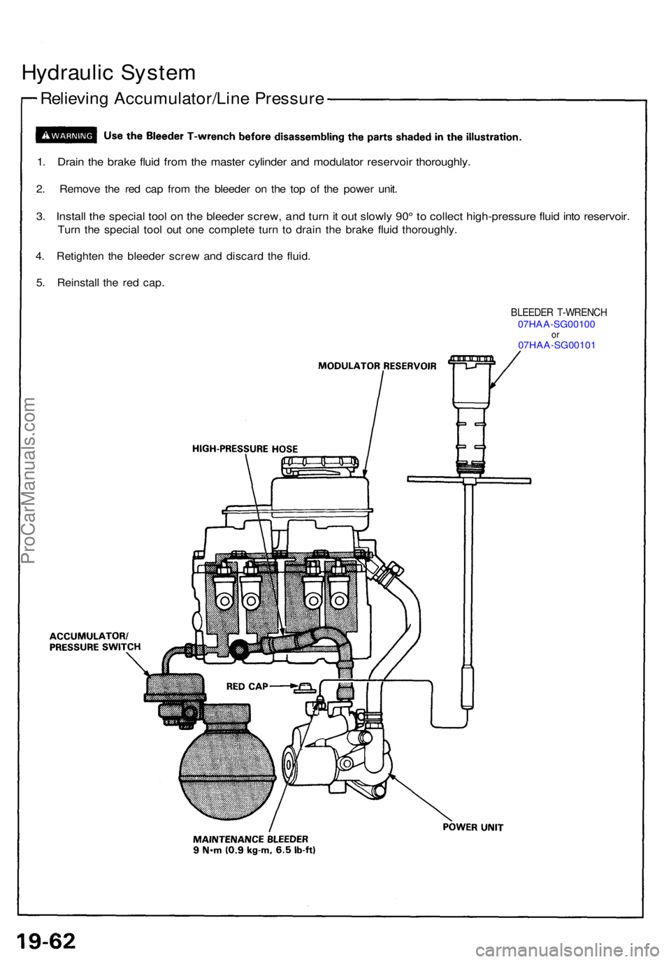 ACURA NSX 1991  Service Repair Manual Hydraulic Syste m
Relievin g Accumulator/Lin e Pressur e
1. Drai n th e brak e flui d fro m th e maste r cylinde r an d modulato r reservoi r thoroughly .
2. Remov e th e re d ca p fro m th e bleede r