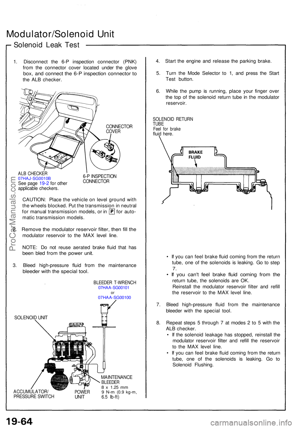 ACURA NSX 1991  Service Repair Manual Modulator/Solenoid Uni t
Solenoi d Lea k Tes t
1. Disconnec t th e 6- P inspectio n connecto r (PNK )
fro m th e connecto r cove r locate d unde r th e glov e
box, an d connec t th e 6- P inspectio n 