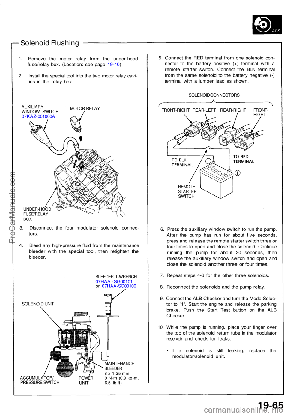 ACURA NSX 1991  Service Repair Manual Solenoid Flushin g
1. Remov e th e moto r rela y fro m th e under-hoo d
fuse/rela y box . (Location : se e pag e 19-40 )
2 . Instal l th e specia l too l int o th e tw o moto r rela y cavi -
tie s i n