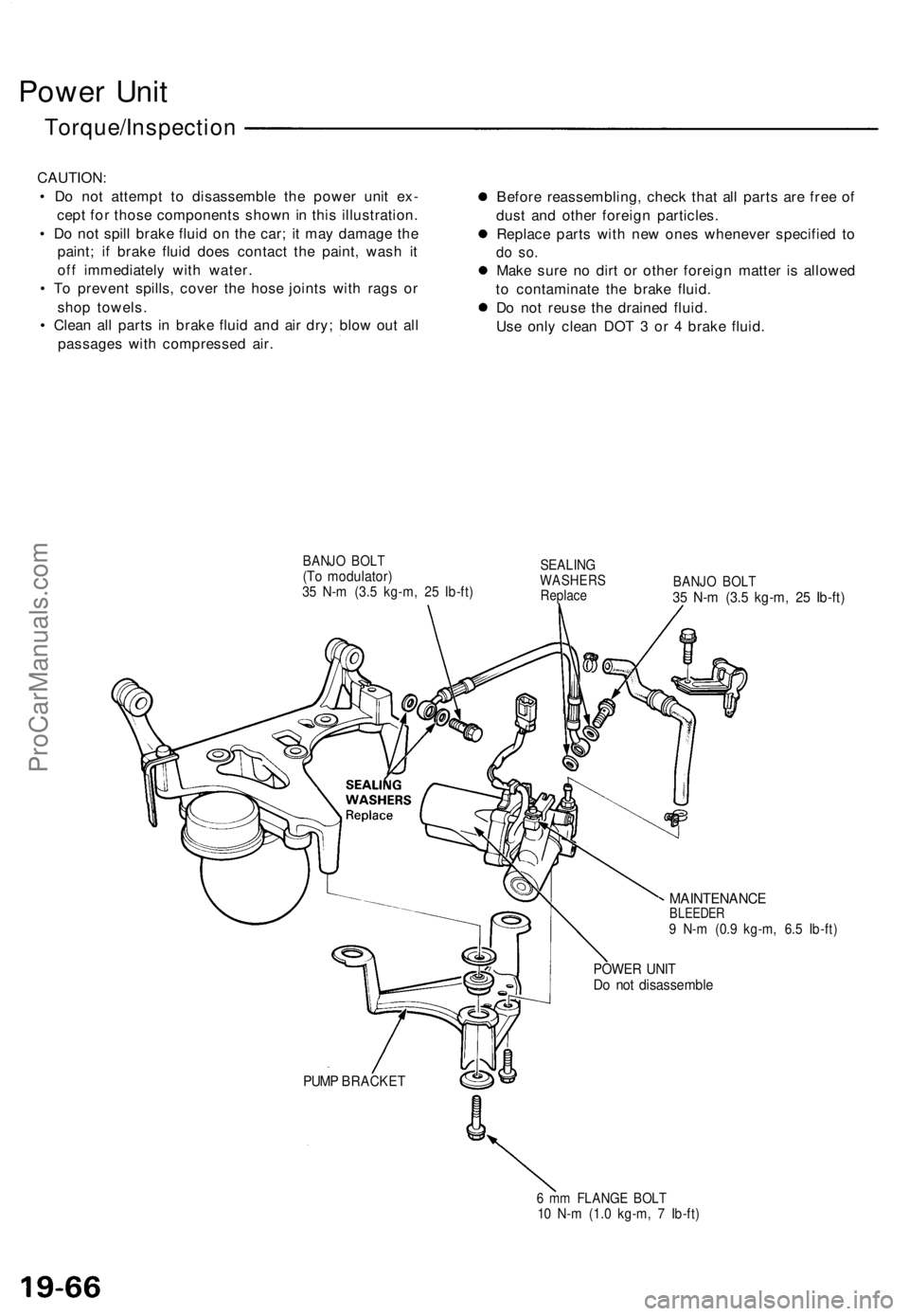 ACURA NSX 1991  Service Repair Manual Power Uni t
Torque/Inspectio n
CAUTION:
•  D o no t attemp t t o disassembl e th e powe r uni t ex -
cep t fo r thos e component s show n in  thi s illustration .
•  D o no t spil l brak e flui d 
