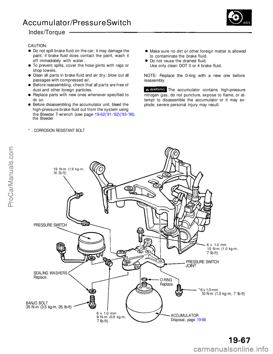ACURA NSX 1991  Service Repair Manual 
Accumulator/Pressure Switch

Index/Torque
CAUTION: Do not spill brake fluid on the car; it may damage the
paint; if brake fluid does contact the paint, wash it
off immediately with water.
To prevent 