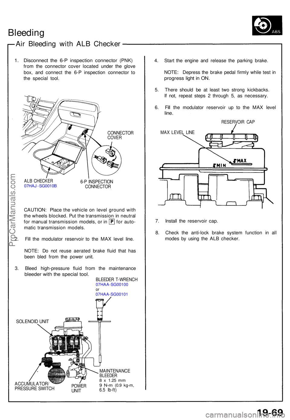 ACURA NSX 1991  Service Repair Manual Bleeding
Air Bleedin g wit h AL B Checke r
1. Disconnec t the 6- P inspection connector (PNK )
fro m th e connecto r cove r locate d unde r th e glov e
box , an d connec t th e 6- P inspectio n connec