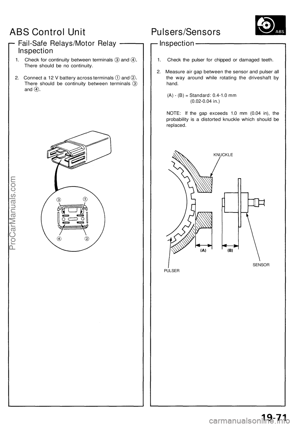 ACURA NSX 1991  Service Repair Manual Fail-Safe Relays/Moto r Rela y
Inspectio n
1. Chec k fo r continuit y betwee n terminal s an d
There shoul d b e n o continuity .
2. Connec t a  1 2 V  batter y acros s terminal s an d
There shoul d b
