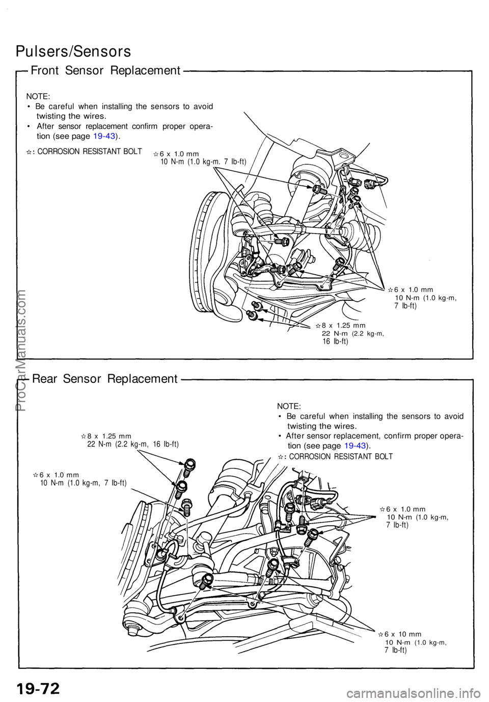 ACURA NSX 1991  Service Repair Manual Pulsers/Sensors
Front Senso r Replacemen t
NOTE:
•  B e carefu l whe n installin g th e sensor s t o avoi d
twistin g th e wires .
• Afte r senso r replacemen t confir m prope r opera -
tion (se e
