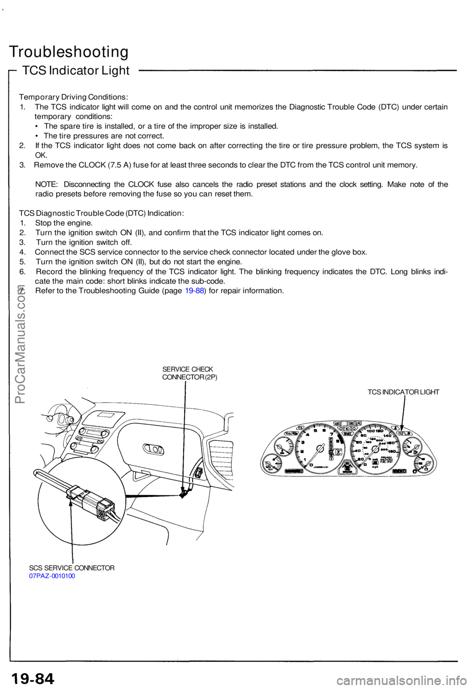 ACURA NSX 1991  Service Repair Manual Troubleshooting
TCS Indicato r Ligh t
Temporar y Drivin g Conditions :
1 . Th e TC S indicato r ligh t wil l com e o n an d th e contro l uni t memorize s th e Diagnosti c Troubl e Cod e (DTC ) unde r