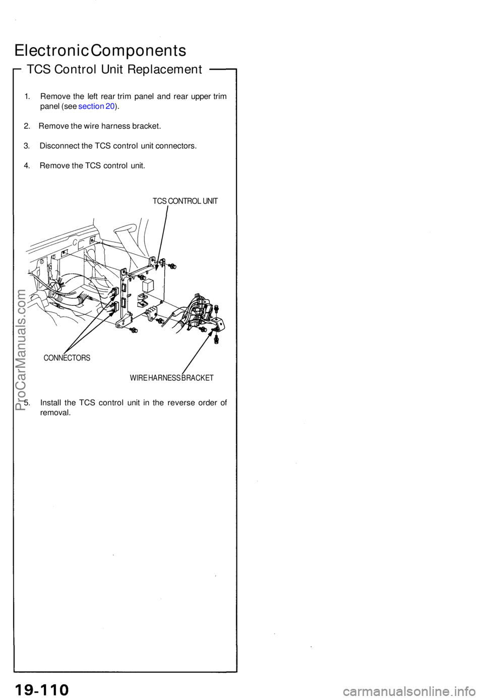 ACURA NSX 1991  Service Repair Manual Electronic Component s
TCS Contro l Uni t Replacemen t
1. Remov e th e lef t rea r tri m pane l an d rea r uppe r tri m
pane l (se e sectio n 20 ).
2 . Remov e th e wir e harnes s bracket .
3 . Discon
