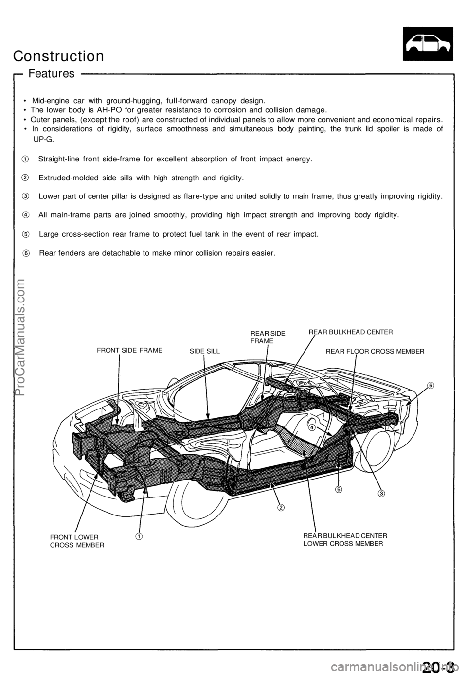 ACURA NSX 1991  Service Repair Manual Construction
Features
• Mid-engin e ca r wit h ground-hugging , full-forwar d canop y design .
•  Th e lowe r bod y i s AH-P O fo r greate r resistanc e t o corrosio n an d collisio n damage .
•