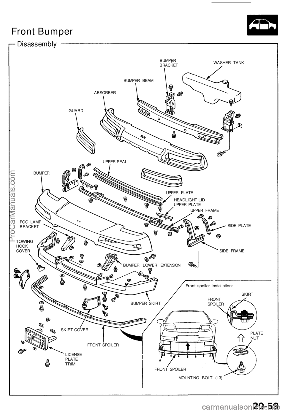 ACURA NSX 1991  Service Repair Manual Disassembly
BUMPER
BRACKE T WASHE
R TAN K
ABSORBE R
GUARD
BUMPE R
FRONT SPOILE R
MOUNTIN G BOL T (13)
BUMPE
R BEA M
UPPE R SEA L
FO G LAM P
BRACKE T
TOWINGHOOK
COVE R
BUMPER LOWE R EXTENSIO N SID
E FR