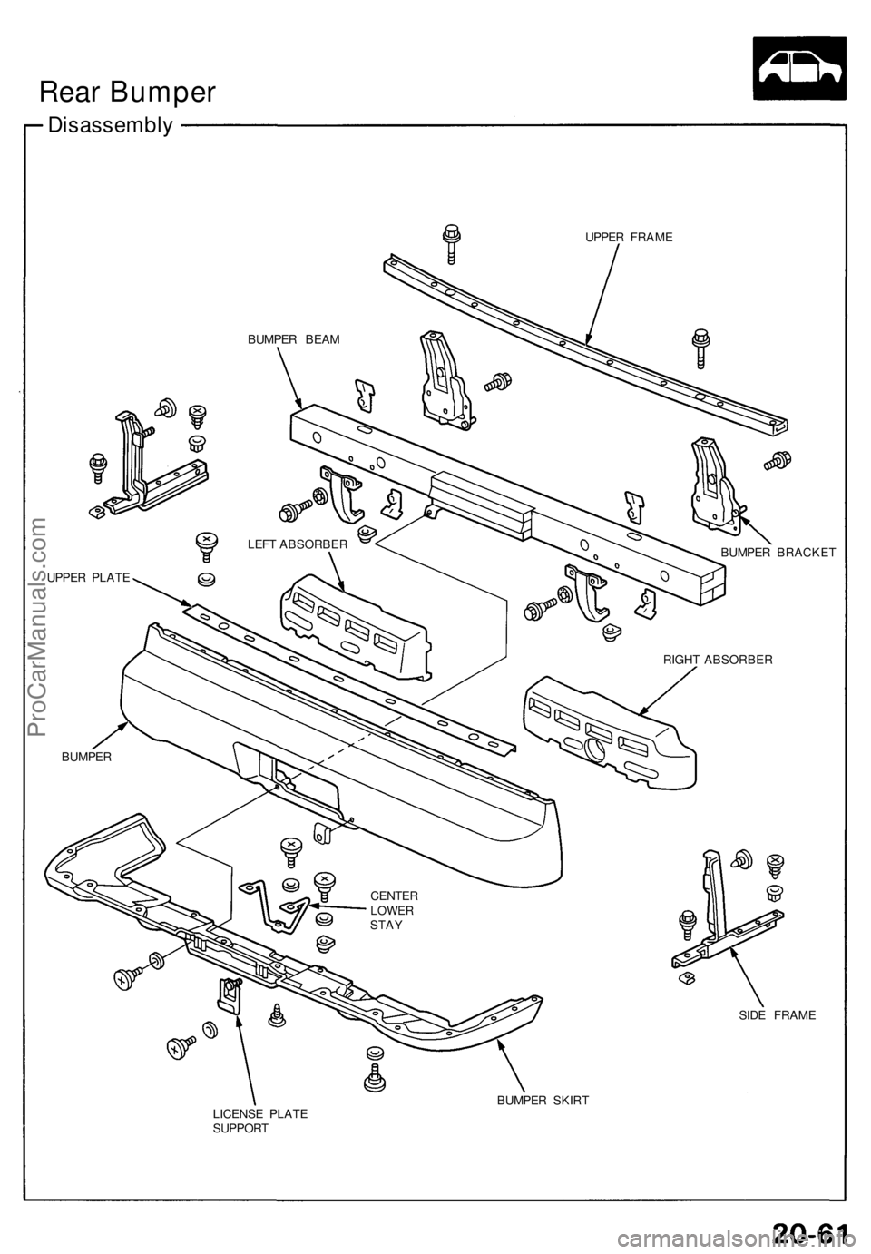 ACURA NSX 1991  Service Repair Manual Disassembly
UPPER FRAM E
BUMPER BRACKE T
SID E FRAM E
BUMPE R SKIR T
LICENS E PLAT E
SUPPOR T
BUMPE
R BEA M
LEF T ABSORBE R
UPPE R PLAT E
BUMPE R RIGH
T ABSORBE R
CENTE R
LOWERSTAY
Rear Bumper
ProCarM