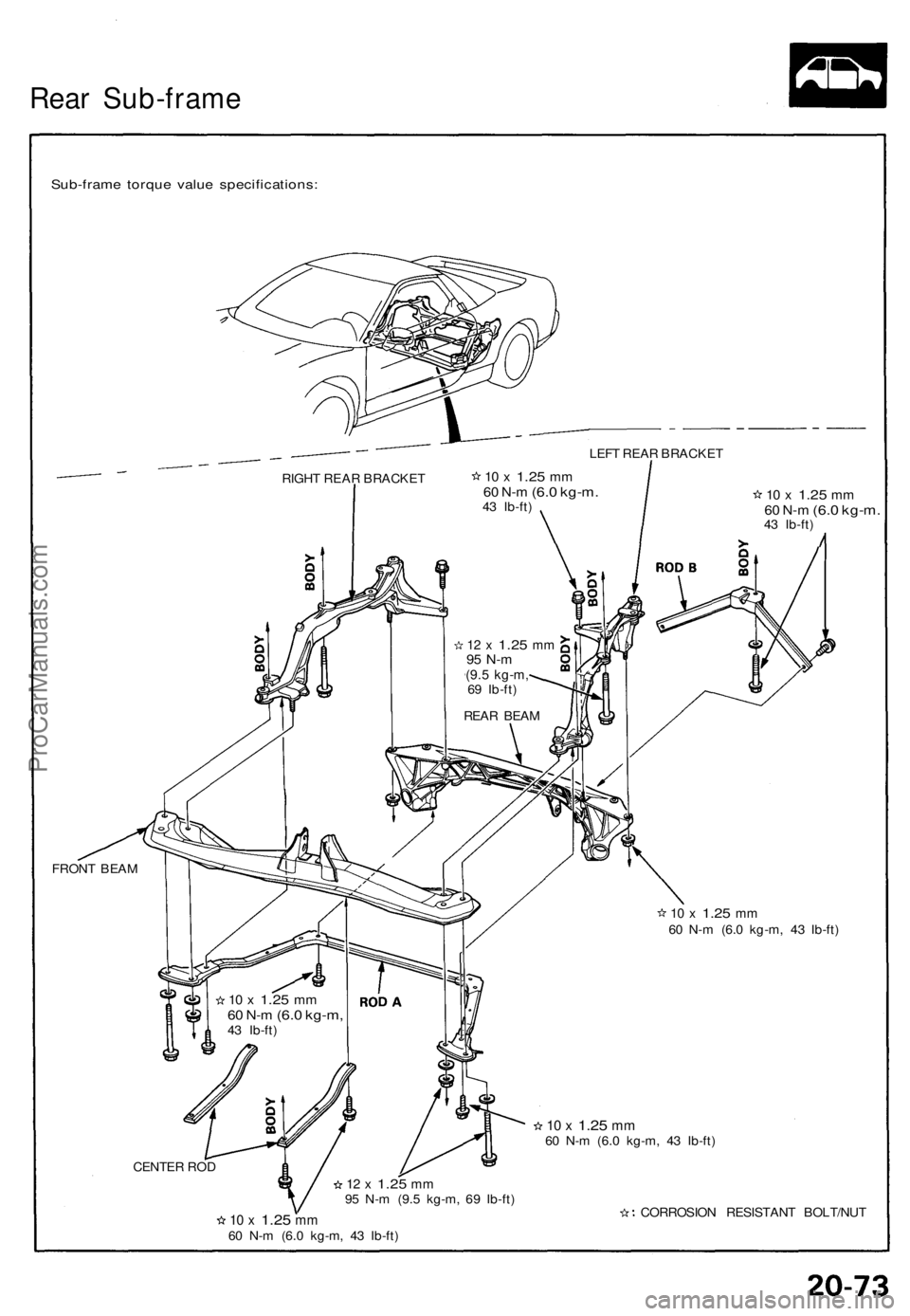 ACURA NSX 1991  Service Repair Manual Rear Sub-fram e
Sub-frame torqu e valu e specifications :
LEFT REA R BRACKE T
RIGH T REA R BRACKE T
10  x 1.2 5 mm60  N- m (6. 0 kg-m .43  Ib-ft )10  x 1.2 5 mm60  N- m (6. 0 kg-m .43  Ib-ft )
FRON T 