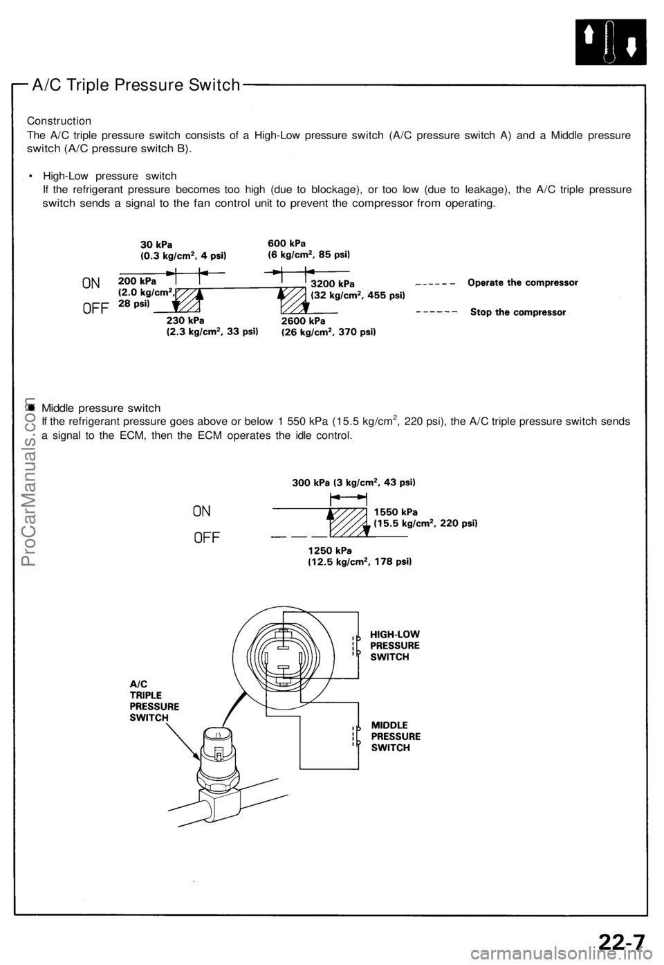 ACURA NSX 1991  Service Repair Manual 
A/C Triple Pressure Switch

Construction

The A/C triple pressure switch consists of a High-Low pressure switch (A/C pressure switch A) and a Middle pressure

switch (A/C pressure switch B).

• Hig