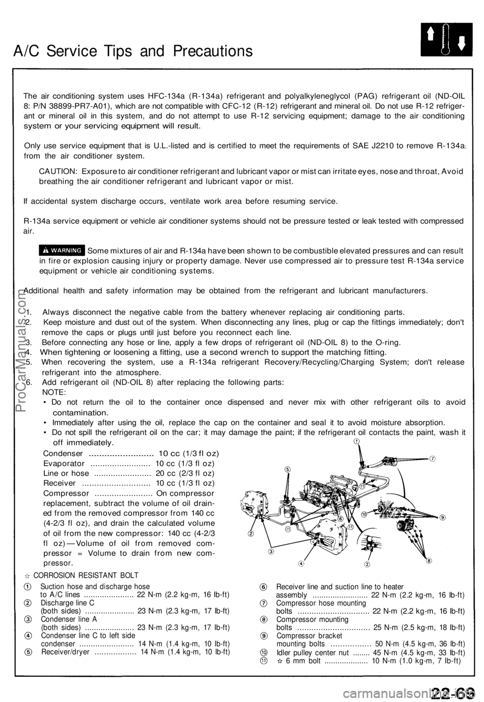 ACURA NSX 1991  Service Repair Manual A/C Servic e Tip s an d Precaution s
The ai r conditionin g syste m use s HFC-134 a (R-134a ) refrigeran t an d polyalkyleneglyco l (PAG ) refrigeran t oi l (ND-OI L
8 : P/ N 38899-PR7-A01) , whic h a